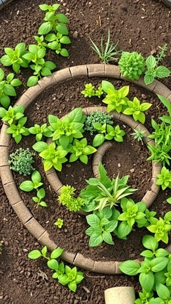 A vibrant herb spiral garden featuring various green herbs arranged in a spiral pattern.