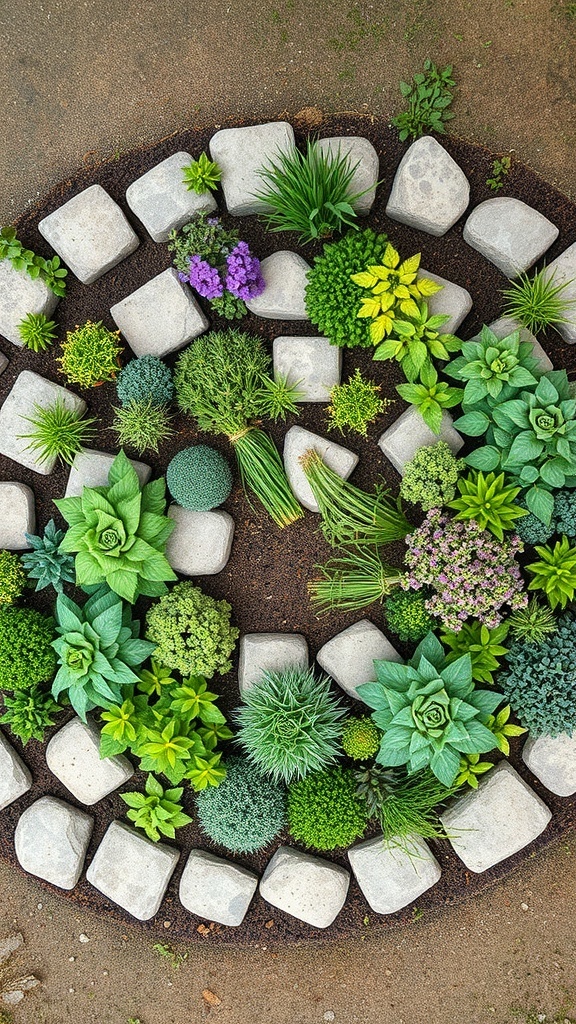 Aerial view of a herb spiral garden design with various herbs and stones.