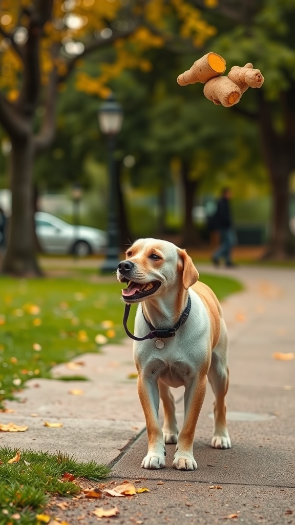 A happy dog walking in a park with ginger root floating above.