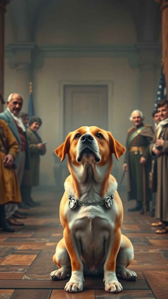 A dog sitting in a historical setting surrounded by figures in period clothing.