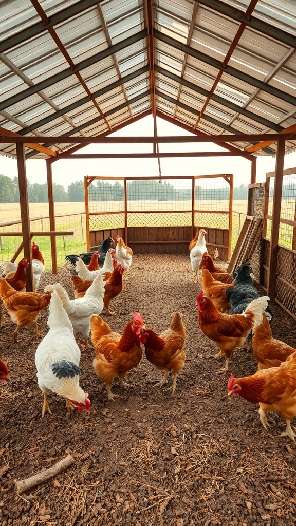 A spacious chicken coop with various chickens inside, featuring a sturdy roof and natural light.