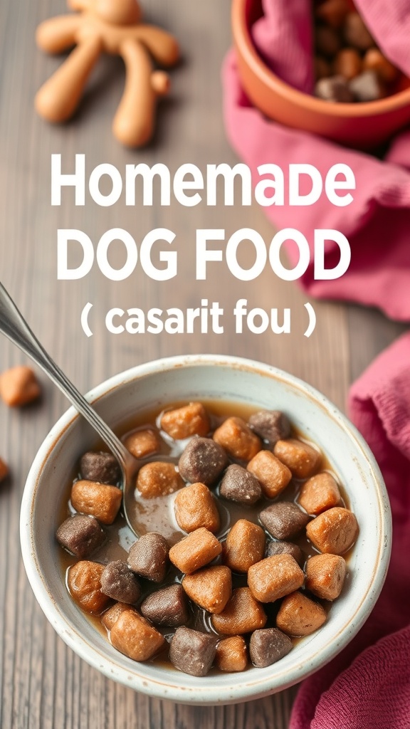 A bowl of homemade dog food with soft, chewy pieces, ideal for dogs with sensitive stomachs.