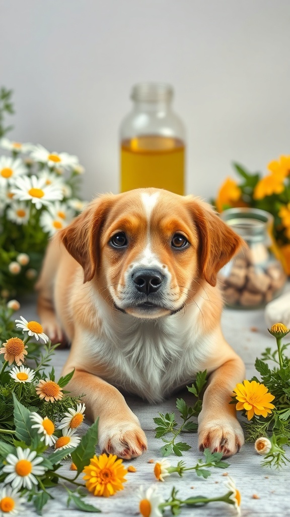A dog lying among flowers and herbs, with a bottle of oil in the background, representing homemade remedies for skin irritation.