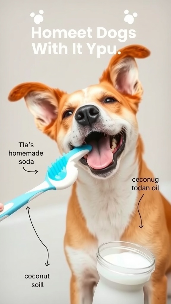 A happy dog getting its teeth brushed with homemade toothpaste ingredients visible.