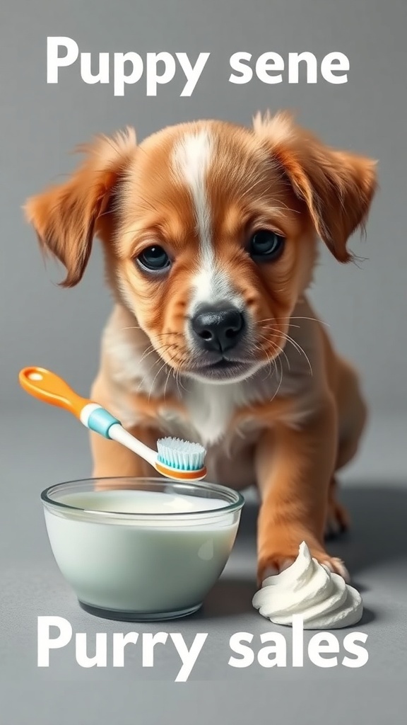 A cute puppy with a toothbrush and a bowl of homemade dog toothpaste.