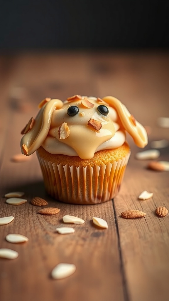 A cute cupcake designed to look like a puppy, topped with honey frosting and almond slices.