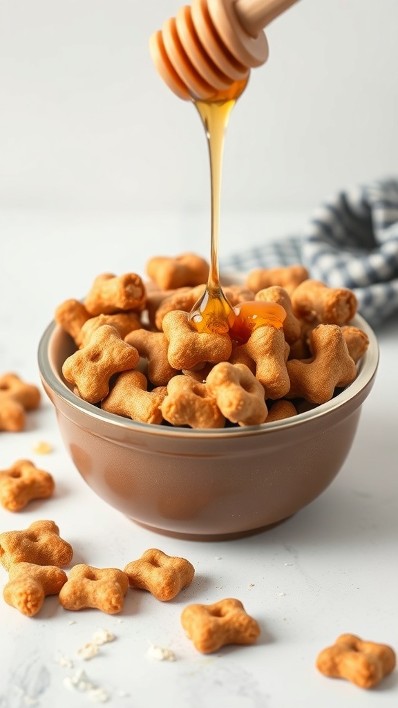 A bowl of homemade honey and oat dog treats with honey being drizzled on top.