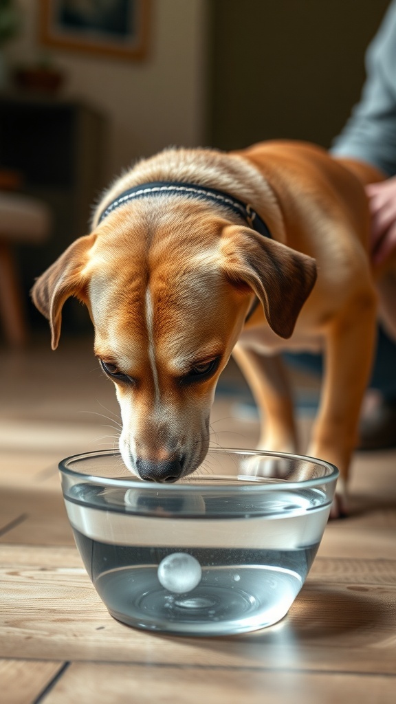 A dog looking into a bowl of water, emphasizing the importance of hydration for dogs with upset stomachs.