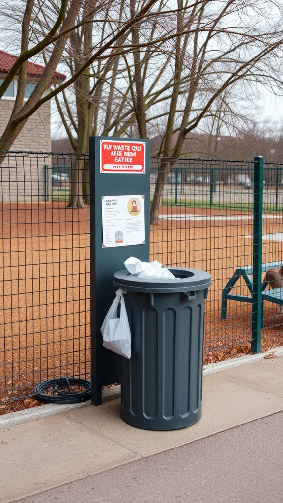 A waste disposal area in a dog park with a trash can and signage.