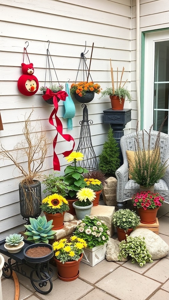 A small patio garden with colorful flowers, decorative pots, and a cozy chair.