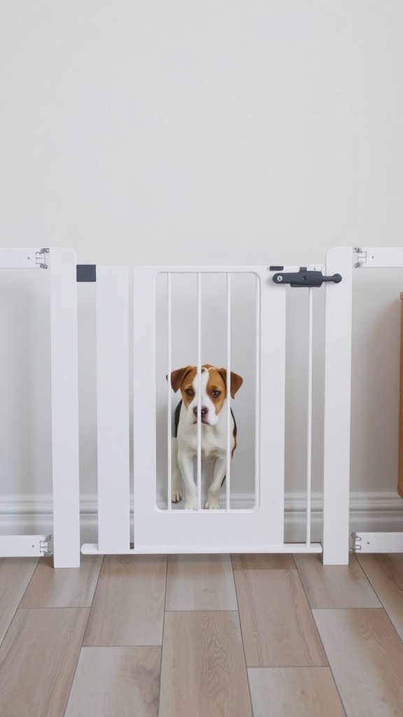 A white dog gate with a small pet door, featuring a beagle looking through the gate.