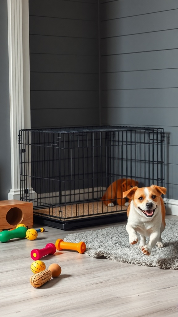 A happy dog playing near a crate with various colorful toys scattered around.