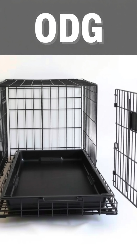 Image of a dog crate with a removable tray for easy cleaning.