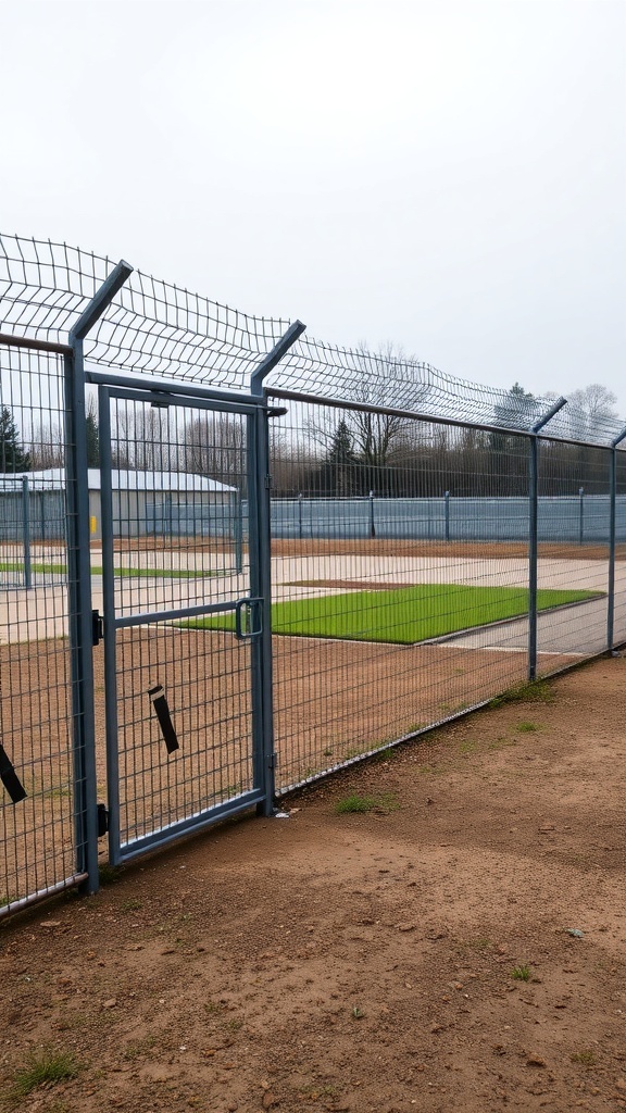 A secure wire fence with a gate, suitable for a dog kennel.