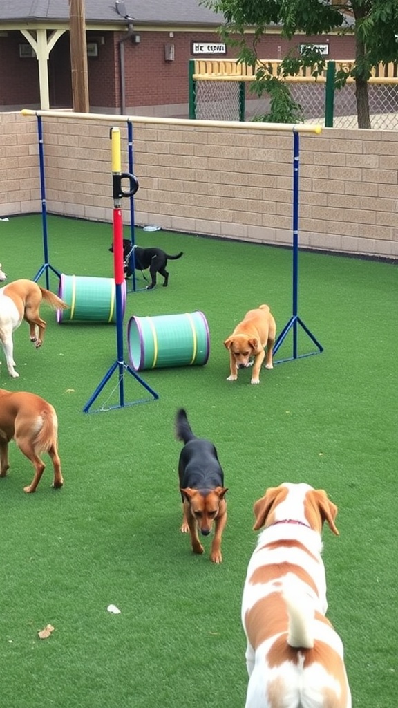 Dogs playing in an outdoor agility area with hurdles and tunnels