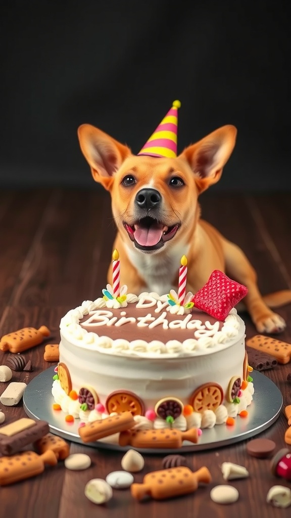 A happy dog wearing a party hat next to a birthday cake with treats scattered around.