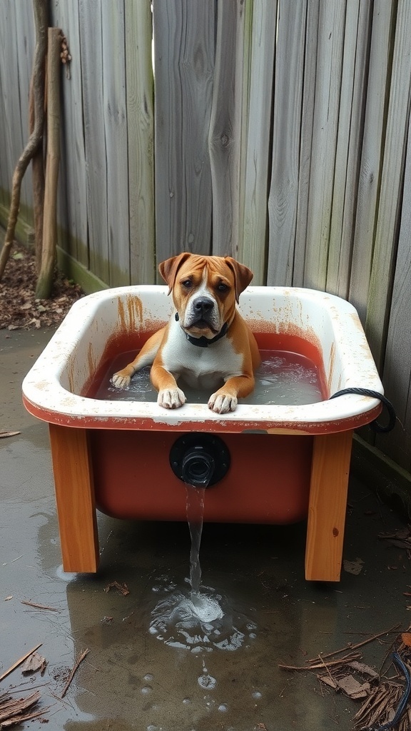 A homemade dog bath tub with a dog sitting inside, featuring a drainage solution.
