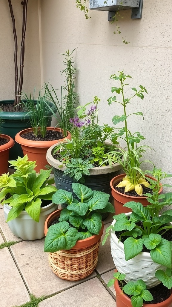 A small patio garden with various edible plants in pots, including herbs and leafy greens.