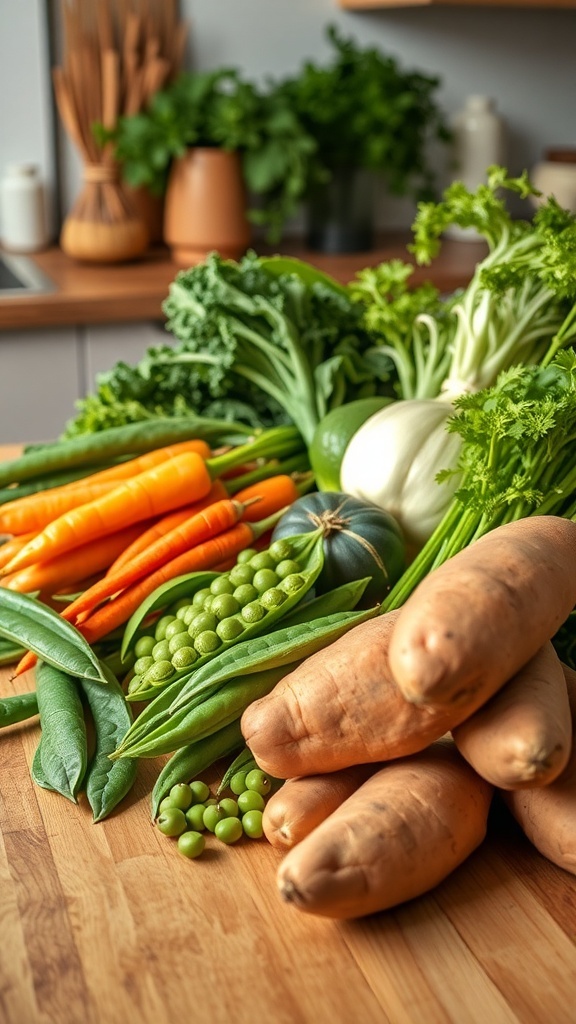 A variety of fresh vegetables including carrots, peas, and sweet potatoes on a wooden countertop.