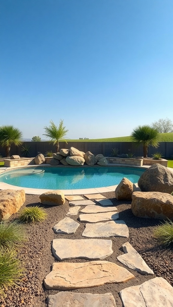 A pool surrounded by natural stone features and plants, with a stone pathway leading to the water.