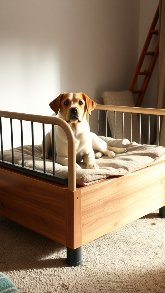 A dog resting on an elevated dog bed with a wooden frame and cushioned mattress.