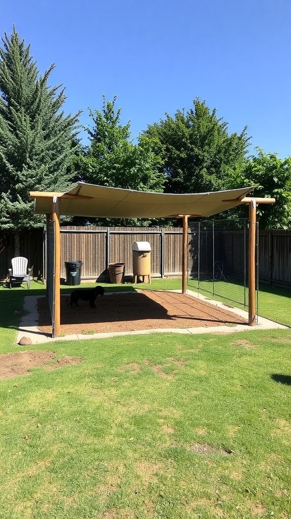 A dog run with a shaded area, featuring a dog standing on a wooden beam.