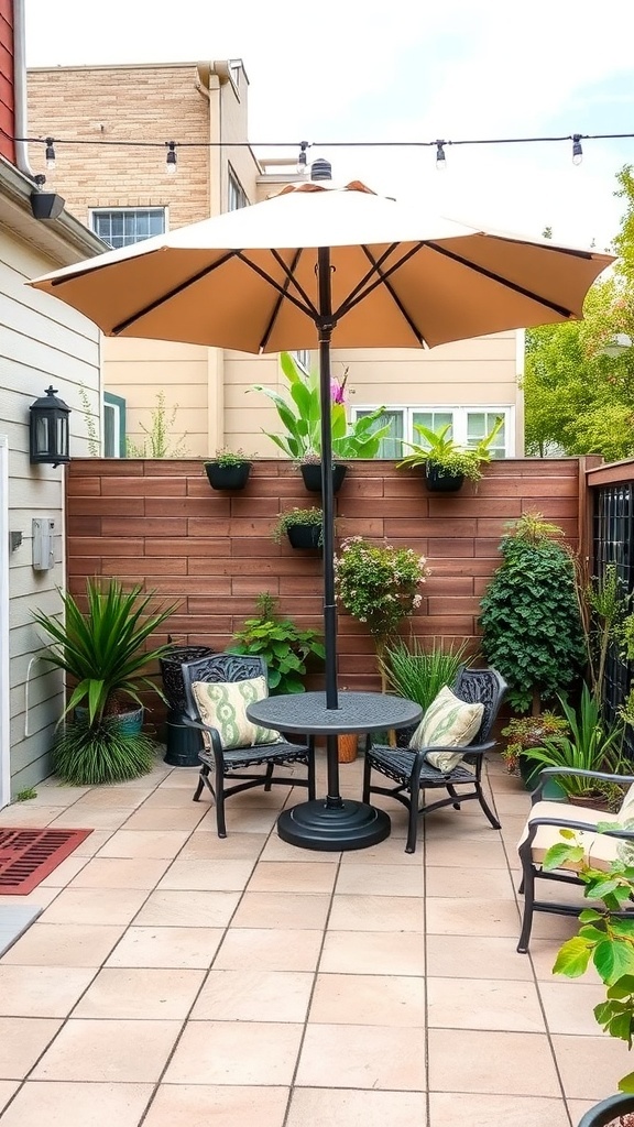 A small patio garden featuring a large umbrella over a table and chairs, surrounded by potted plants.