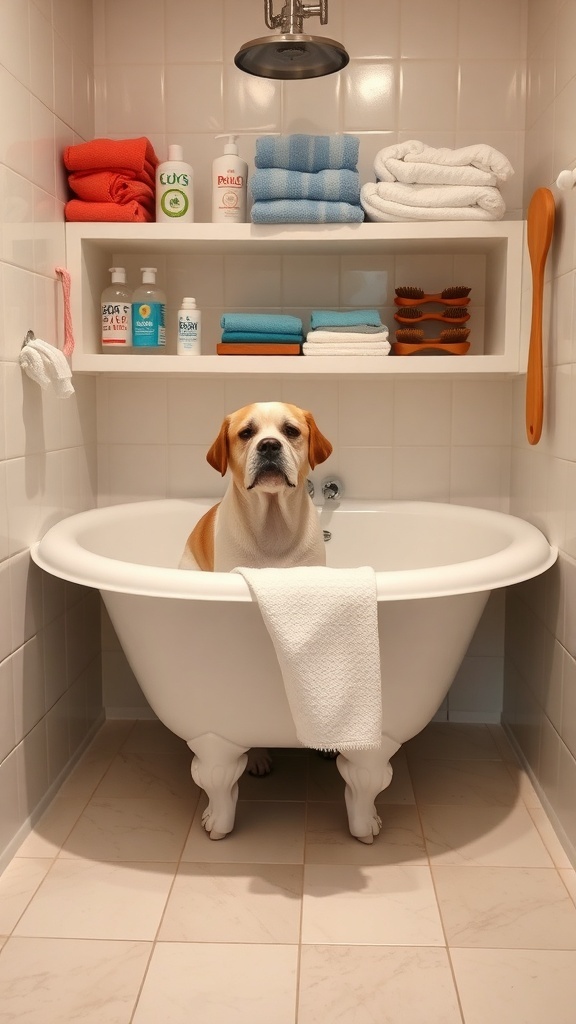 A dog sitting in a homemade bath tub with neatly organized bathing supplies on shelves.