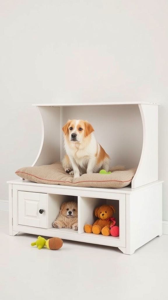 A stylish elevated dog bed with storage compartments, featuring a dog resting on top and a puppy inside.