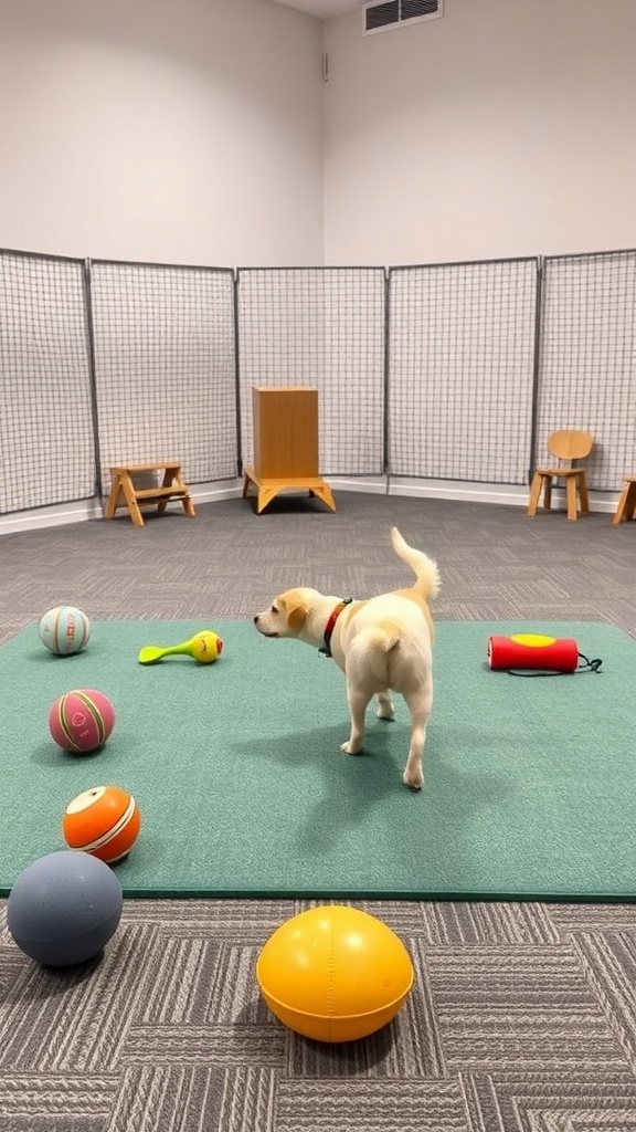 Indoor dog exercise zone with a dog and various colorful toys