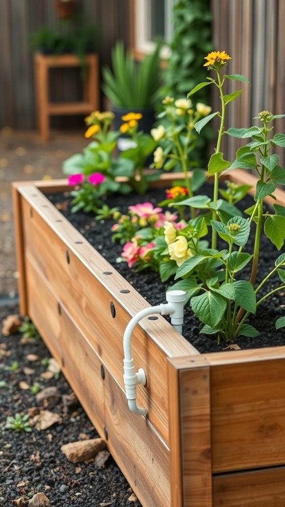 A raised flower bed with colorful flowers and an irrigation system.