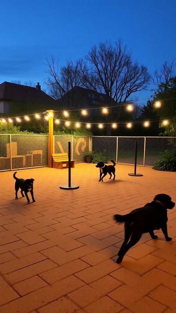Outdoor dog area with string lights and dogs playing in the evening