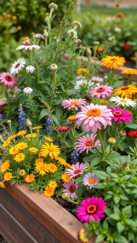 Colorful raised flower bed with a variety of flowers and plants.