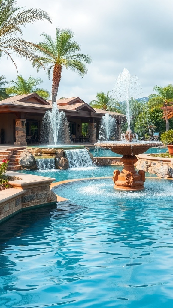 A beautiful pool landscape featuring a central fountain and waterfalls surrounded by palm trees.