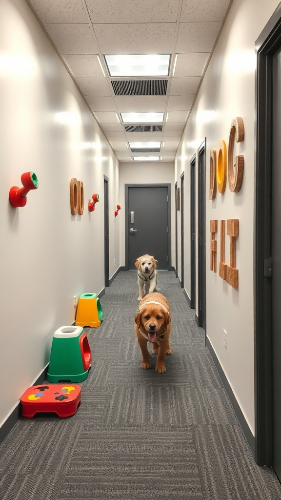 A hallway designed for dogs with toys and feeding stations, featuring two dogs walking happily.