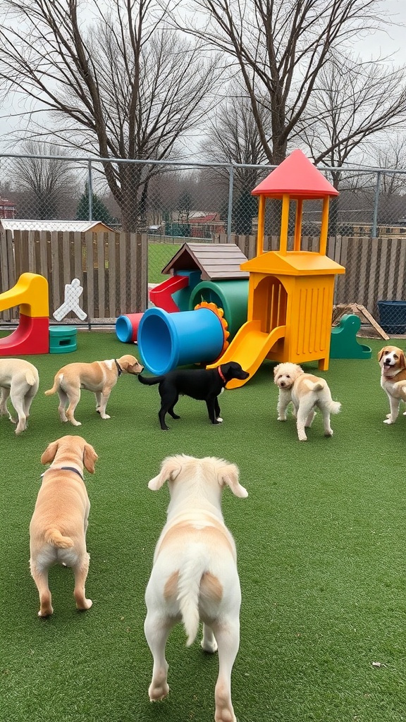 A colorful outdoor dog area with various play structures and several dogs playing.