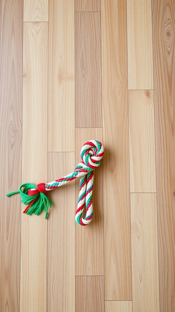 A colorful knotted rope tug toy on a wooden floor