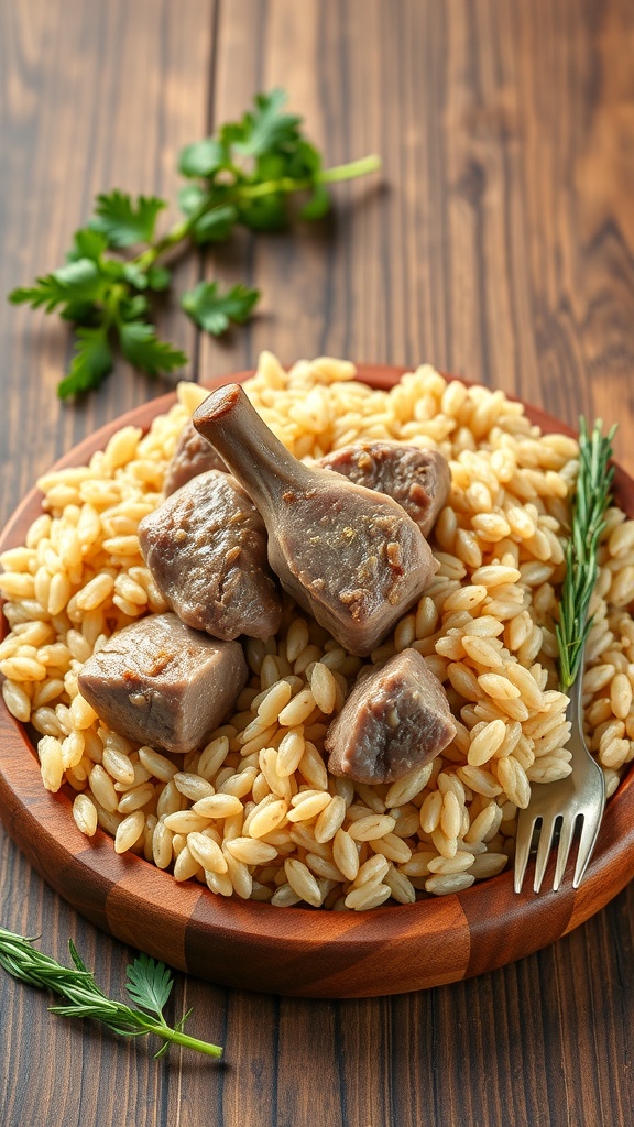 A plate of lamb and brown rice with fresh herbs