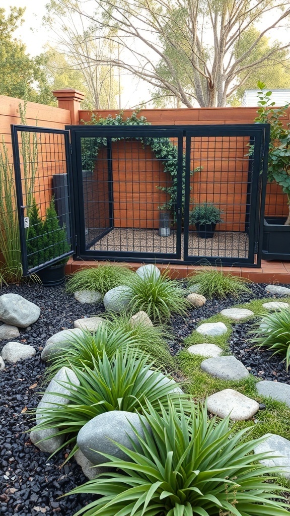A stylish dog run with plants and stones, creating an inviting space.