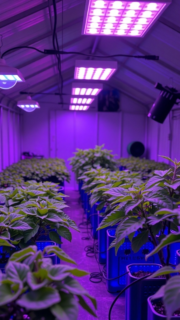 Interior of a greenhouse with purple LED lights illuminating rows of green plants.