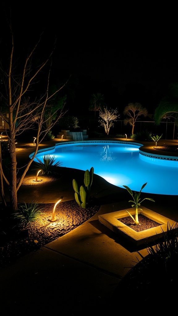 A beautifully lit pool area at night with soft lights illuminating the water and surrounding landscape.