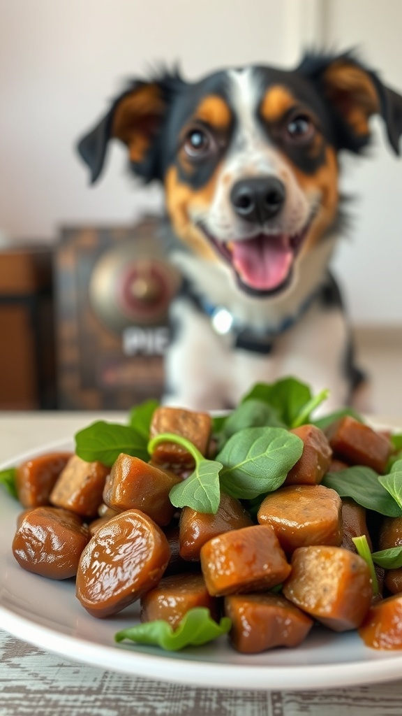 A plate of homemade liver and spinach dog treats with a happy dog in the background.