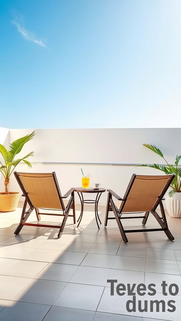 Two lounge chairs on a patio with a small table and drinks.