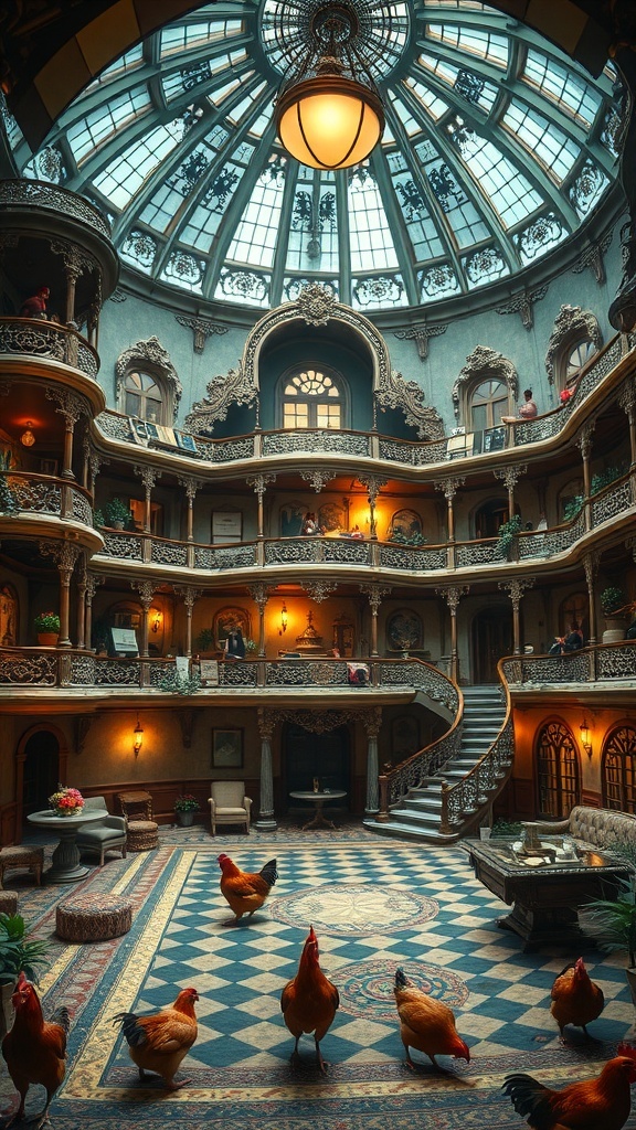 A luxurious chicken coop with ornate architecture, featuring a skylight and chickens roaming in a spacious courtyard.