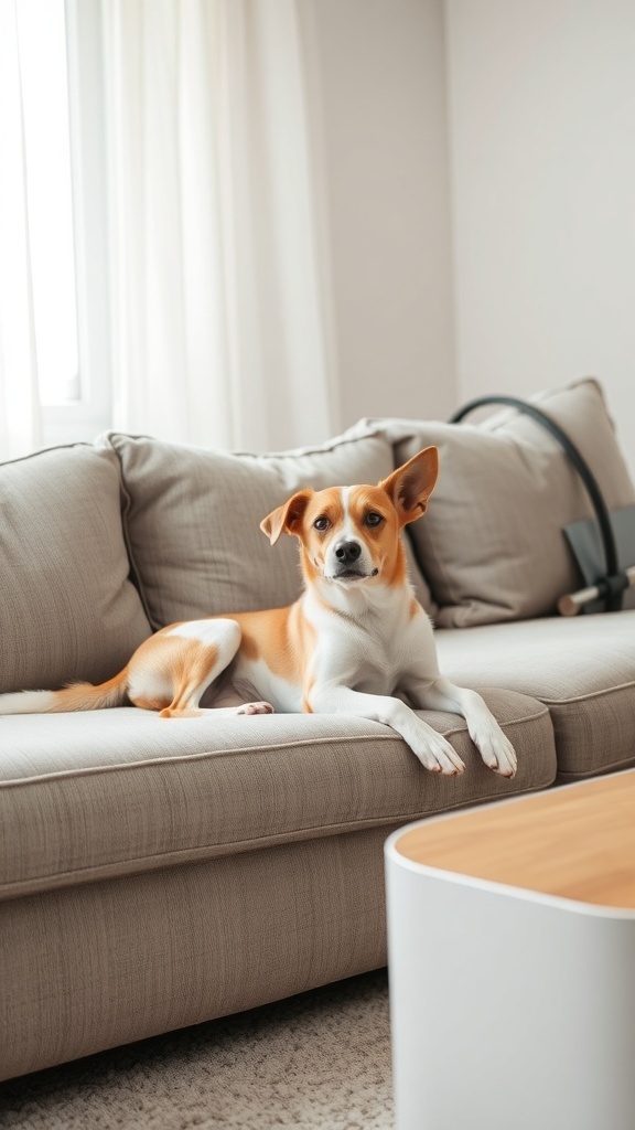 A dog relaxing on a couch in a clean living room, emphasizing the importance of maintaining a flea-free home.
