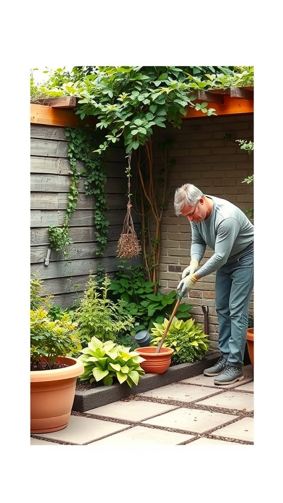 A person gardening in a small patio garden, surrounded by potted plants and greenery.