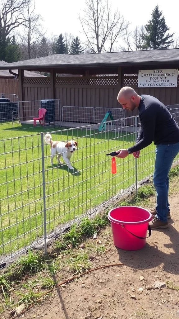 A person working on a dog run, adjusting fencing and ensuring it is secure.