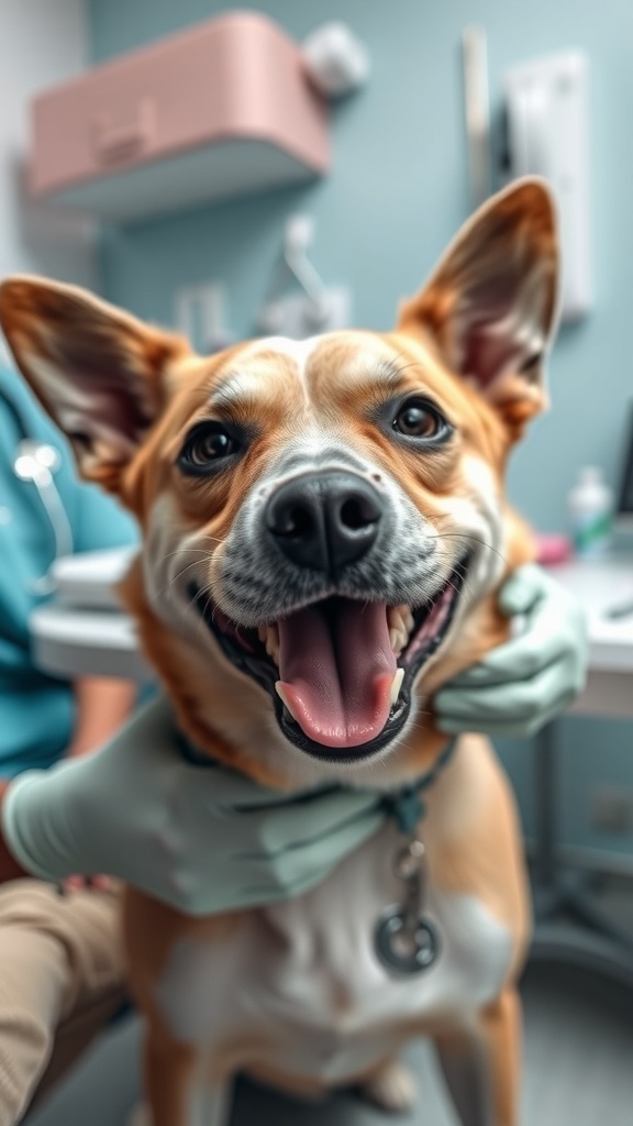 A happy dog at the vet with a bright smile, showcasing healthy teeth.
