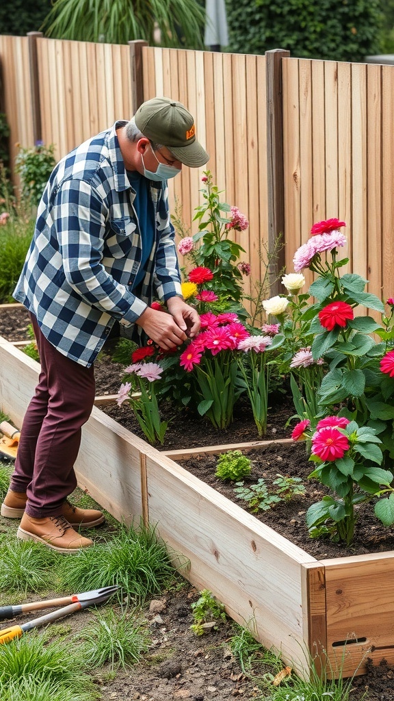 A person tending to colorful flowers in a raised flower bed