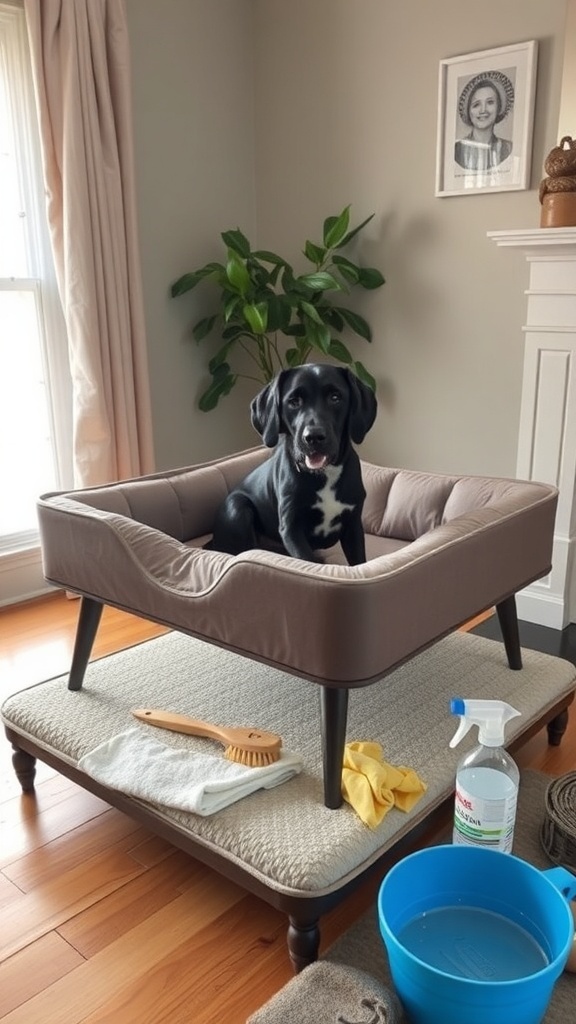 A person cleaning an elevated dog bed with a golden retriever sitting on it.